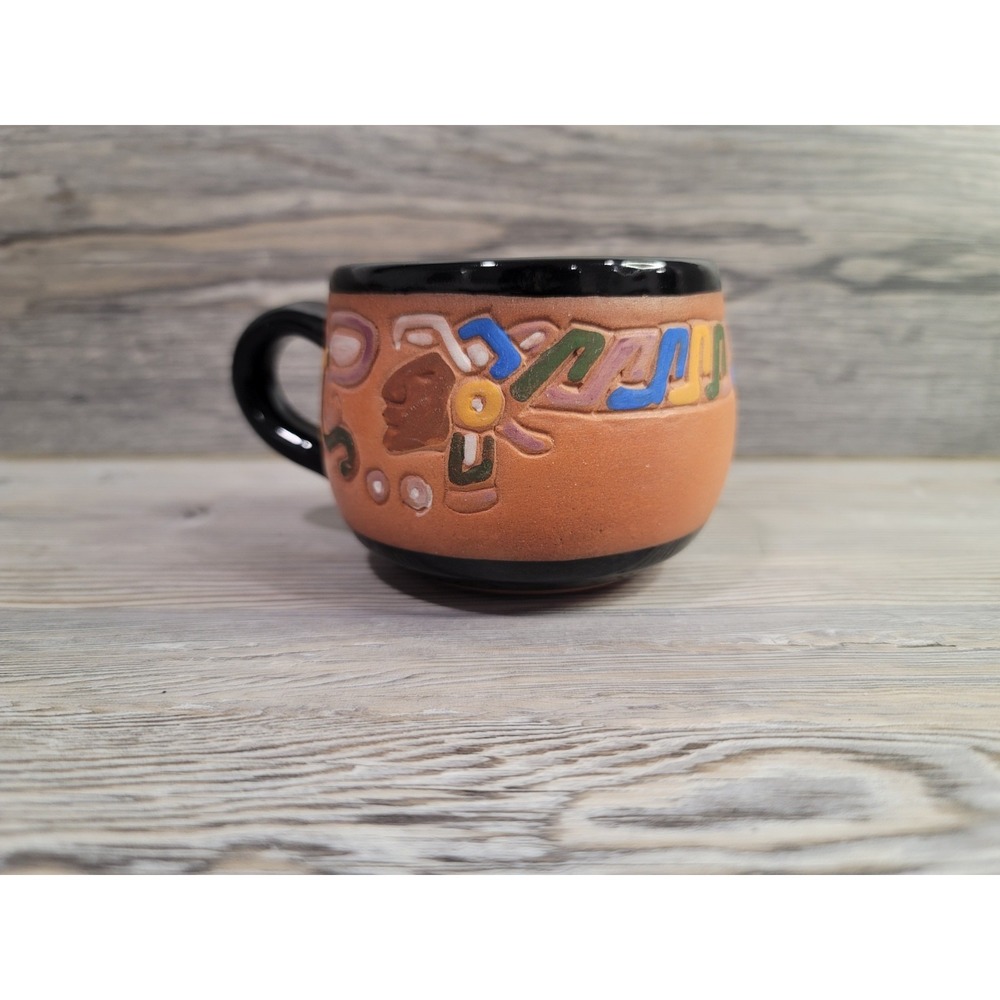 Studio Pottery Indian stamped cup black lined.  Made of red clay